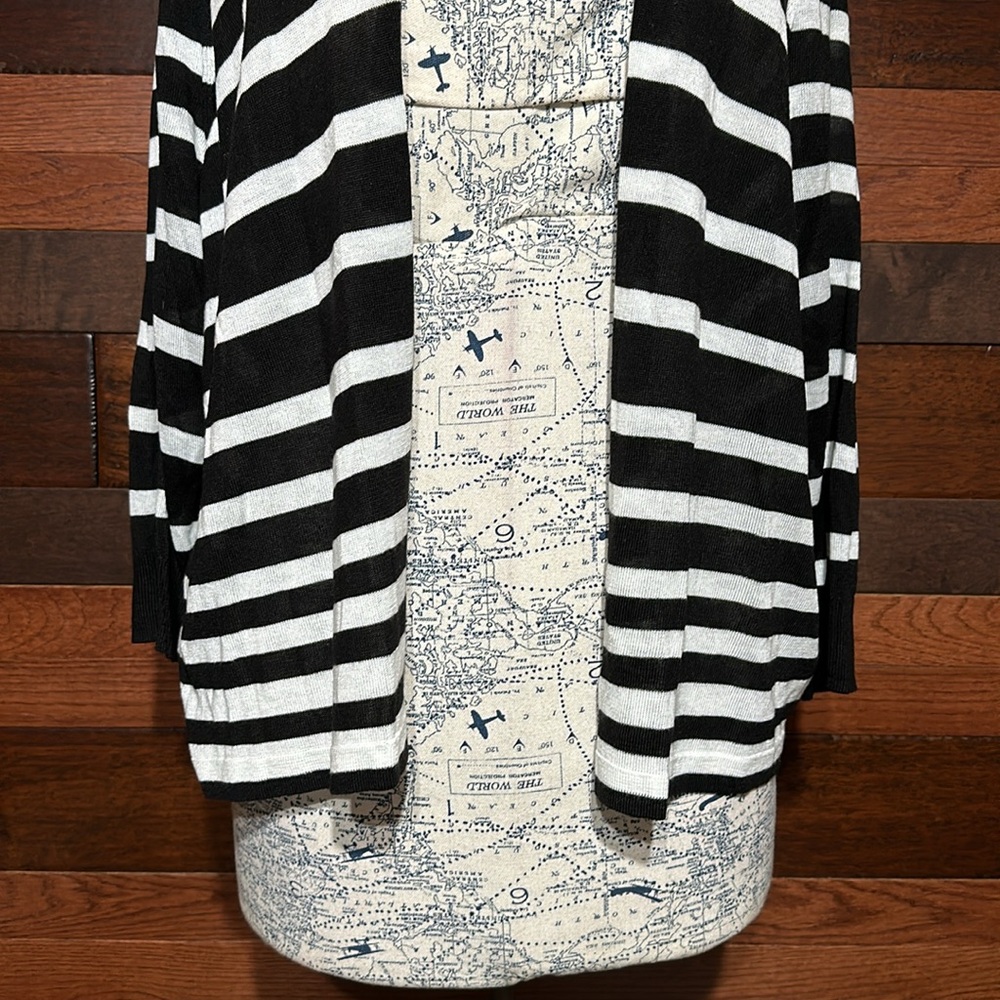 Worthington Open Front 3/4 Sleeve Black and White Striped Cardigan Sweater - Picture 3 of 10